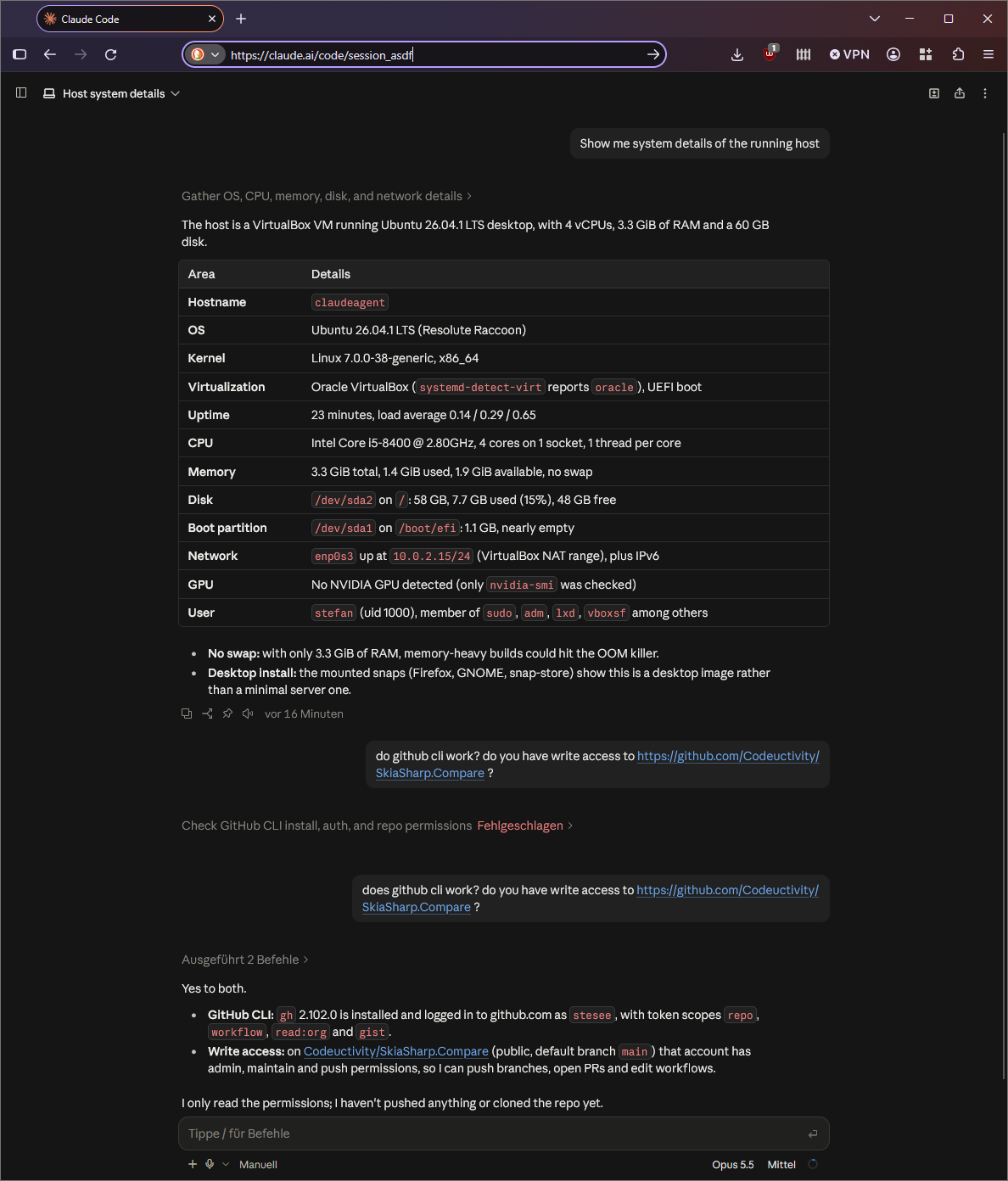 Claude Code session of the VM, opened in a browser